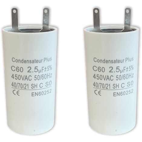 Lot de 2 – Condensateurs 2,5 µF – Gamme C+ Professionnelle – À cosses Faston 2,8 mm – Pour moteurs monophasés SOMFY, SIMU, NICE – 450V – Usage intensif
