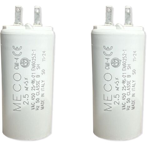 Lot de 2 – Condensateurs 2,5 µF V2 – Pour moteur de volet roulant ou store – Compatible SOMFY, SIMU, NICE – 2 fils avec connecteur – Fond plat – 450V – Version haute fiabilité
