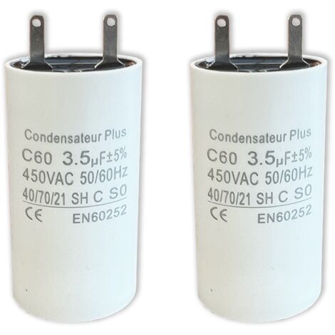 Lot de 2 – Condensateurs 3,5 µF – Gamme C+ Professionnelle – À cosses Faston 2,8 mm – Pour moteurs monophasés SOMFY, SIMU, NICE – 450V – Fiabilité renforcée
