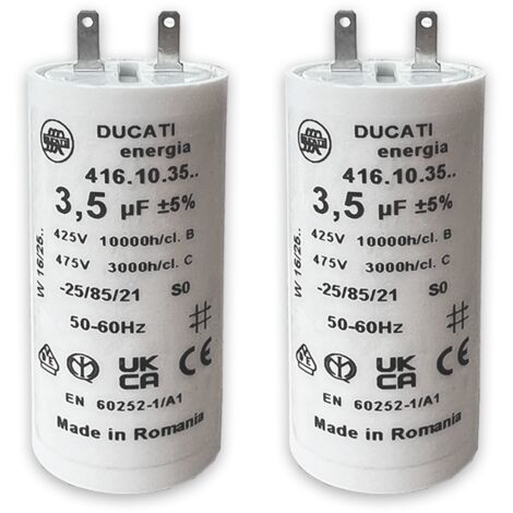 Lot de 2 – Condensateurs 3,5 µF pour moteur de volet roulant ou store – Compatible SOMFY, SIMU, NICE – Forme cylindrique – 2 cosses Faston 2,8 mm – 450V – Haute performance