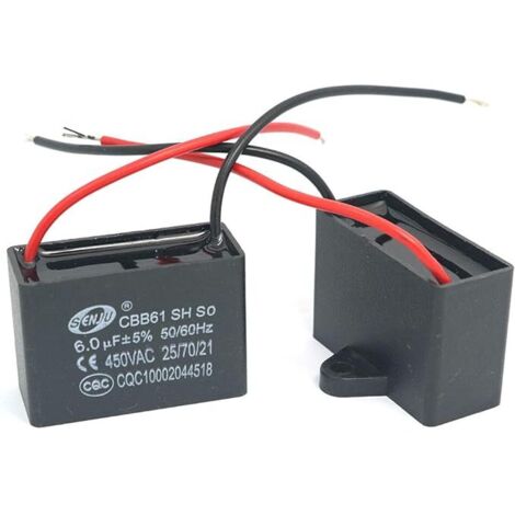 Lot de 2 condensateurs CBB61 6 µF – Tension 450V AC – Fréquence 50/60Hz – Longueur de câble 95 mm – Pour moteurs de ventilateurs – Denuotop - Condensateur6