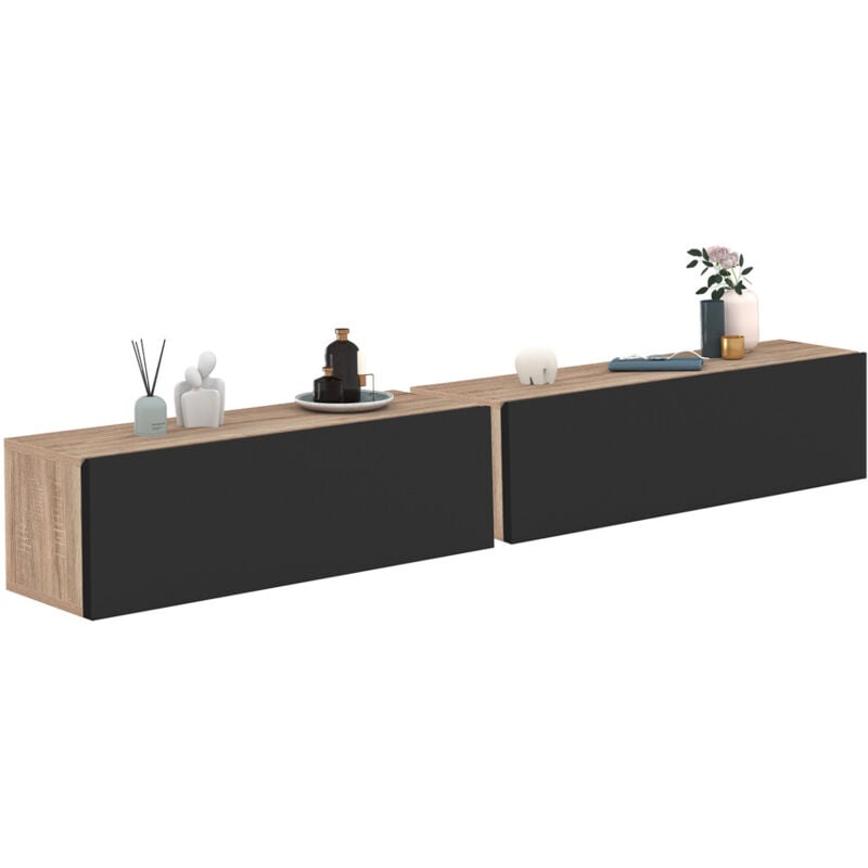 Lot de 2 consoles suspendues étagères murales elyos 1 porte bois et noir