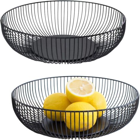 Lot de 2 - Corbeille à fruits - Panier en fil de fer - Design rond ouvert pour cuisine et salle à manger - Noir - 28x8 cm