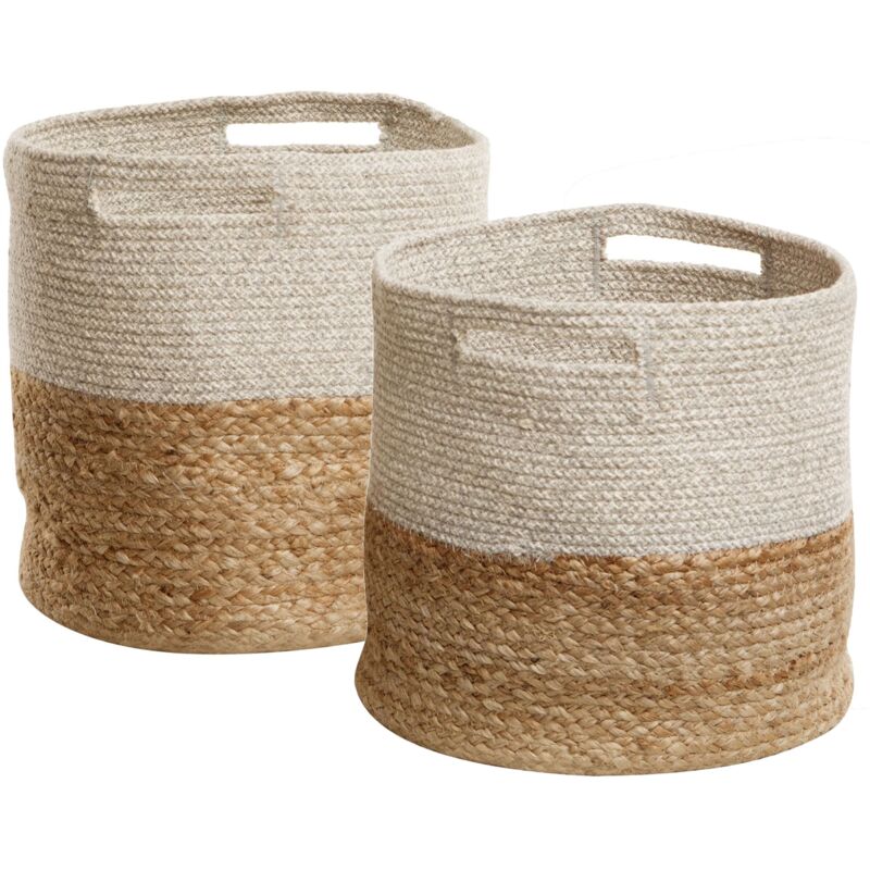 Lot de deux Paniers en Coton et en Jute Beige et Blanc de Forme Cylindrique avec Anses solides Beliani