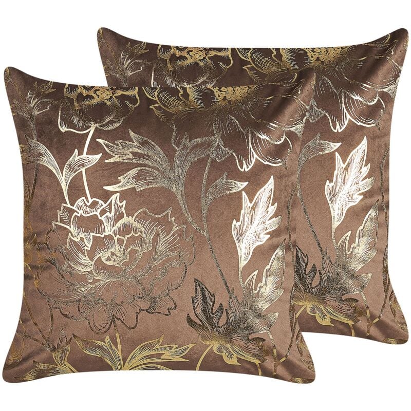 Beliani - Lot de 2 Coussins en Velours à Imprimé Floral 45 x 45 cm Marron et Doré Daffodil