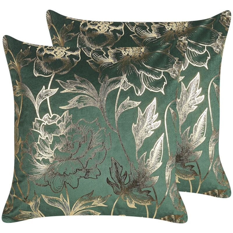 Beliani - Lot de 2 Coussins en Velours à Imprimé Floral 45 x 45 cm Vert et Doré Daffodil