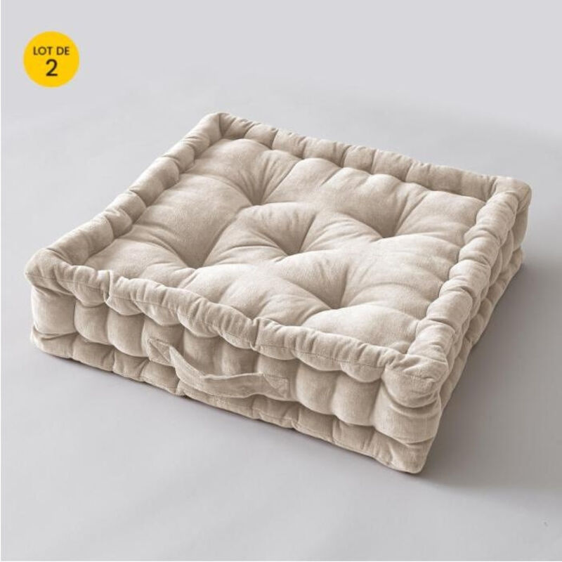 L'effet Papillon - Lot de 2 Coussin de sol 50 x 50 x 10 cm velours de coton César Pampa Naturel