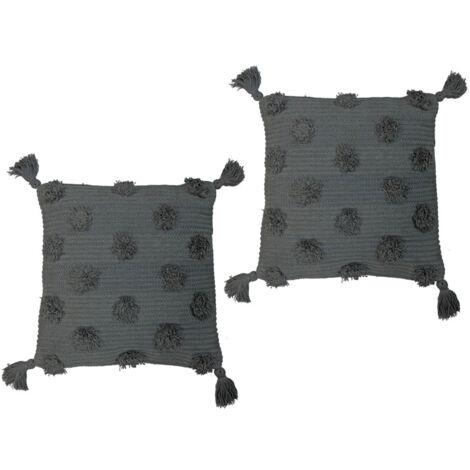 Lot de 2 coussins 40x40 cm à pompons en coton gris foncé - POMPY