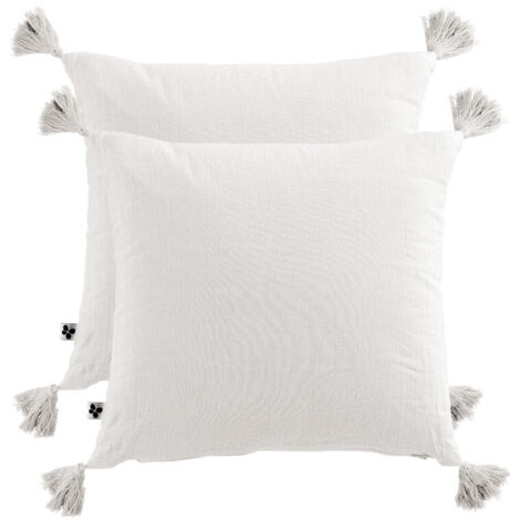 Lot de 2 coussins 40x40 double gaze de coton blanc avec pompons - PEPA