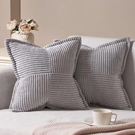 Lot de 2 coussins de canapé couleur velours côtelé, coussins de canapé décoratifs, 45x45 m, gris