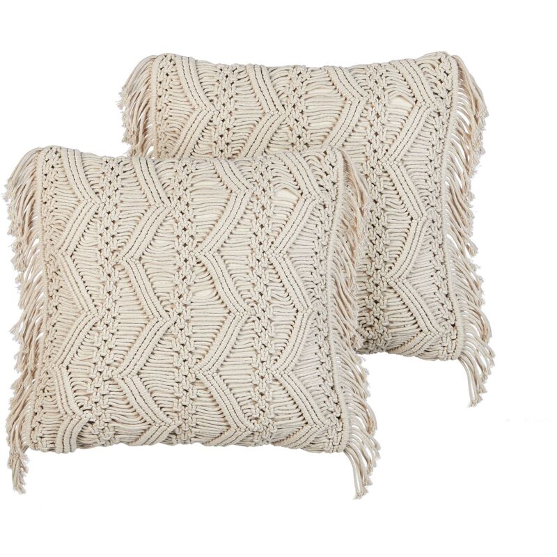 Lot de 2 Coussins Déco Moderne Boho 45 x 45 cm en Coton Beige Clair Kirikkale