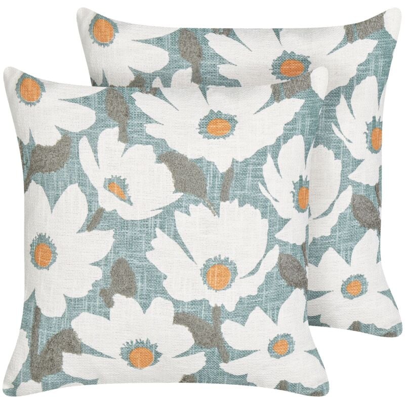 Beliani - Lot de 2 Coussins Décoratifs en Coton Bleu à Motif Floral 45 x 45 cm Rembourrés Jatropha