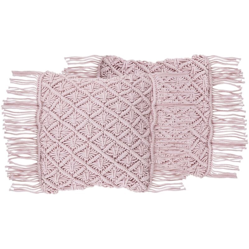 Beliani - Lot de 2 Coussins Décoratifs Rose Clair 40 x 40 cm en Coton Macramé avec Franges pour Intérieurs au Style Boho, Rustiques et Scandinaves