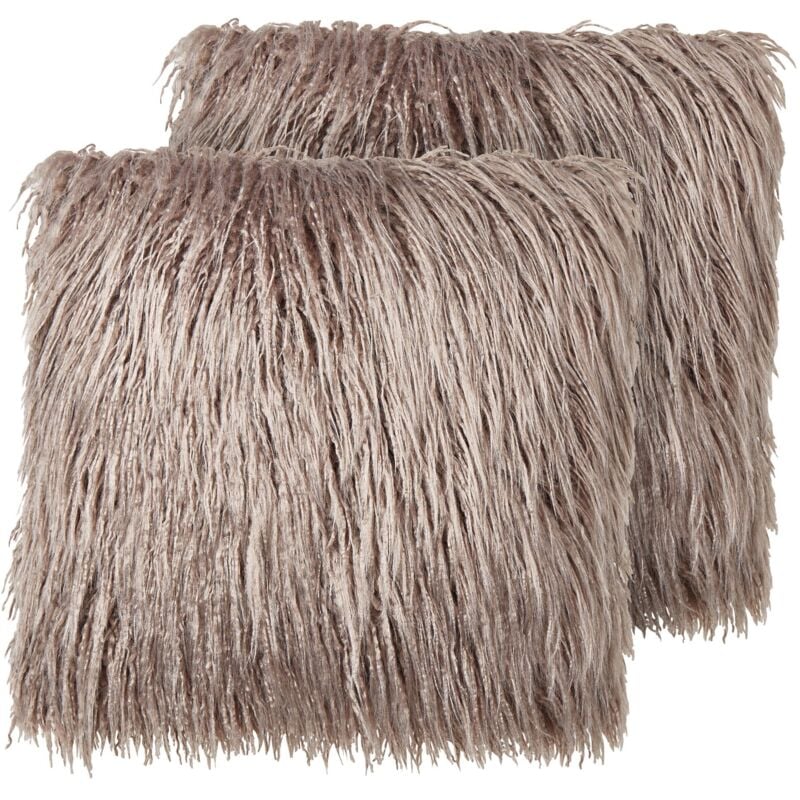 Lot de 2 Coussins Décoratifs en Fourrure Synthétique à Poils Longs Beiges 45 x 45 cm Corokia