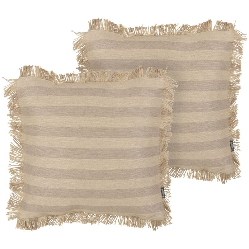 Beliani - Lot de 2 Coussins Décoratifs en Jute et Coton Beige à Franges et Rayures 45 x 45 cm Cirsium