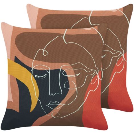Lot de 2 Coussins Décoratifs en Tissu Multicolore Motif Visage 45 x 45 cm Hyacinth