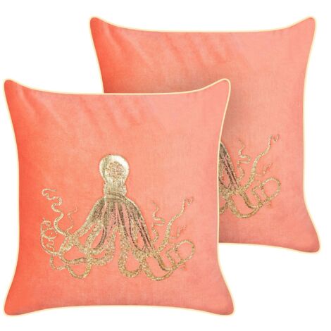 Lot de 2 Coussins Décoratifs en Velours Rouge 45 x 45 cm à Motif d'Octopus Rembourrés Laminaria