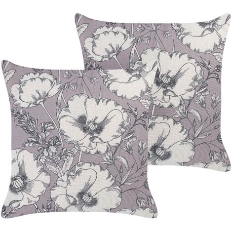 Lot de 2 Coussins Décoratifs Gris et Blanc Cassé en Coton Motif Floral Sophora