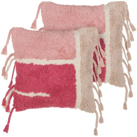 Lot de 2 Coussins Roses en Coton avec Pompons et Motif Abstrait 45 x 45 cm Bistorta