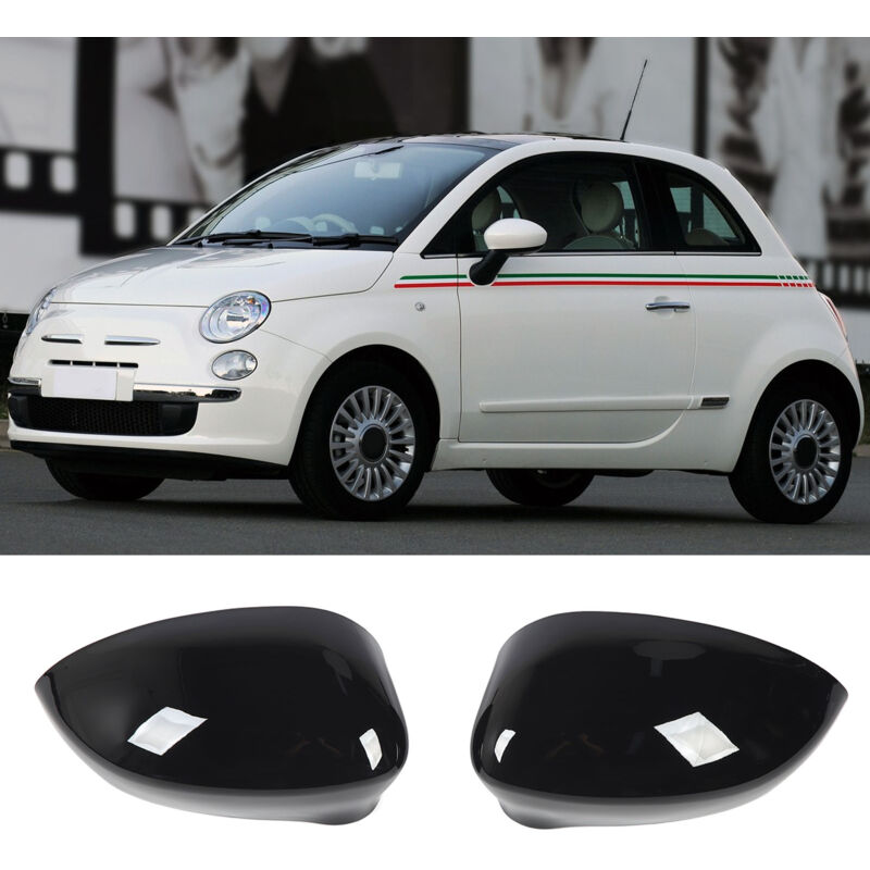 Treetalk - Lot de 2 couvercles de rétroviseur latéral de porte gauche et droit pour Fiat 500 2007 à 2020, noir brillant
