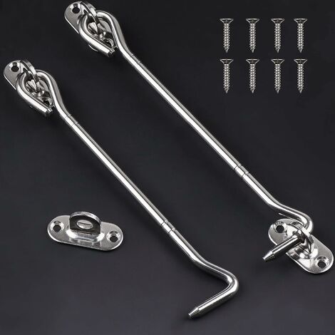 Lot de 2 Crochets de Cabine 8 pouces et Plaque à œillets Acier Inox, Loquet de Porte et Boulon pour Cabanon, Volet, Jardin, Garage, Crochet de Fenêtre, Serrure de Porte Coulissante, Argent Ephé