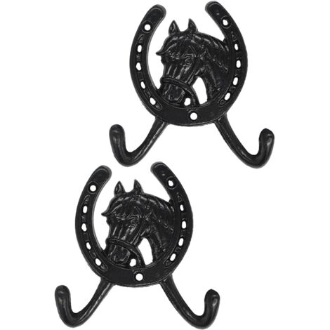 Lot de 2 Crochets Muraux en Fonte Noire Style Vintage Tête de Cheval