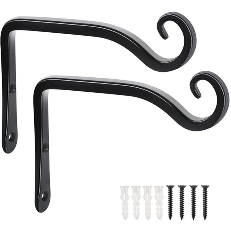 Lot de 2 Crochets- Noir de Suspension Muraux Décoration Fer Forgé pour Jardin avec Vis pour Plantes Mangeoires à Oiseaux Lanternes