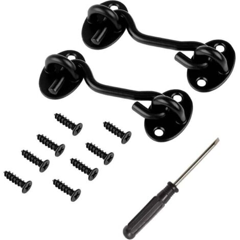 Lot de 2 crochets tempête avec œillet, petits crochets de cabine avec tournevis, crochets de cabine en acier inoxydable noir mat, petits crochets vintage pour porte, loquet de porte, crochet de cabine