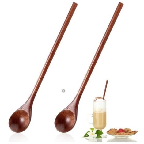Lot de 2 cuillères à long manche en bois de 20 cm - Cuillères à miel en bois - Cuillères à café longues - Pour café,(marron foncé)