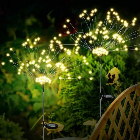 Lot de 2 Décoration de jardin Feu d'artifice solaire - 120 LED - Lampe solaire de jardin étanche - 2 modes d'éclairage - DIY extérieur - paysage - pour terrasse, pelouse, jardin, cour, chemins Blanc C