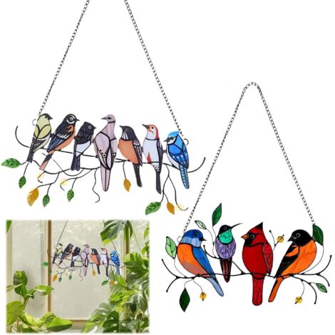 Lot de 2 décorations murales en forme d'oiseaux pour clôture de jardin, ornements de jardin en fil métallique, ornements de fenêtre multicolores à suspendre, pour décorations de jardin, de maison, de 