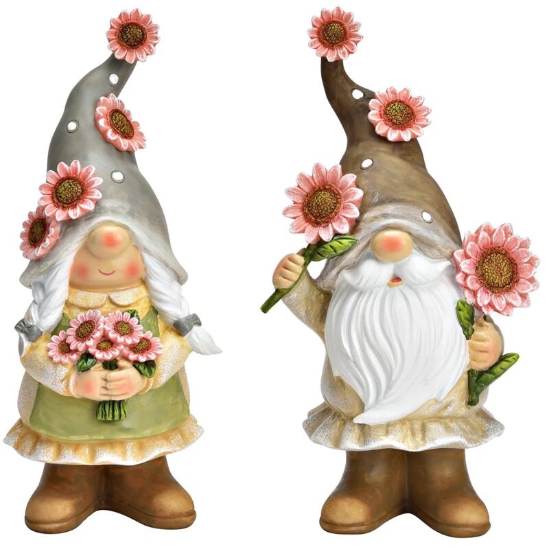Lot de 2 décorations nains de jardin avec fleurs 23 cm Lot de 2 décorations nains de jardin avec fleurs 23 cm