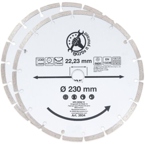 Lot de 2 disques diamant 230 mm – Soudés au laser – Pour tous matériaux – Diamètre alésage 22.2 mm – Performance exceptionnelle