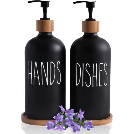 Lot de 2 distributeurs verre noir mat 500 ml + plateau, liquide vaisselle, déco style ferme