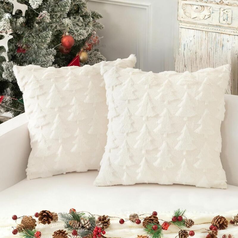 Lot de 2 Doux Peluche Laine Courte Velours Décoratif Housses de Coussin Luxe Style pour Canapé Chambre - Arbre,blanc-45 x 45 cm