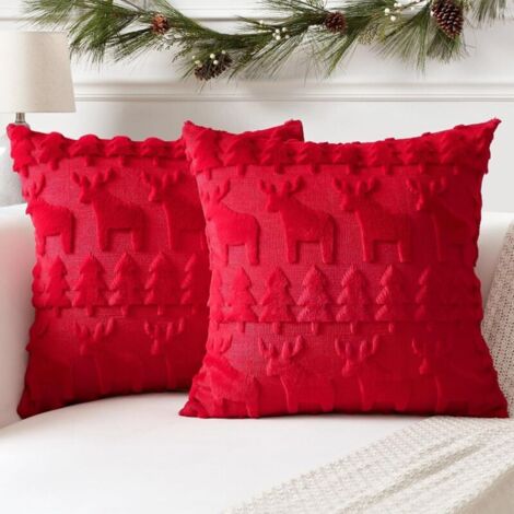 Lot de 2 Doux Peluche Laine Courte Velours Décoratif Housses de Coussin Luxe Style pour Canapé Chambre - Wapiti et Arbre de Noël Rouge, 45 x 45 cm
