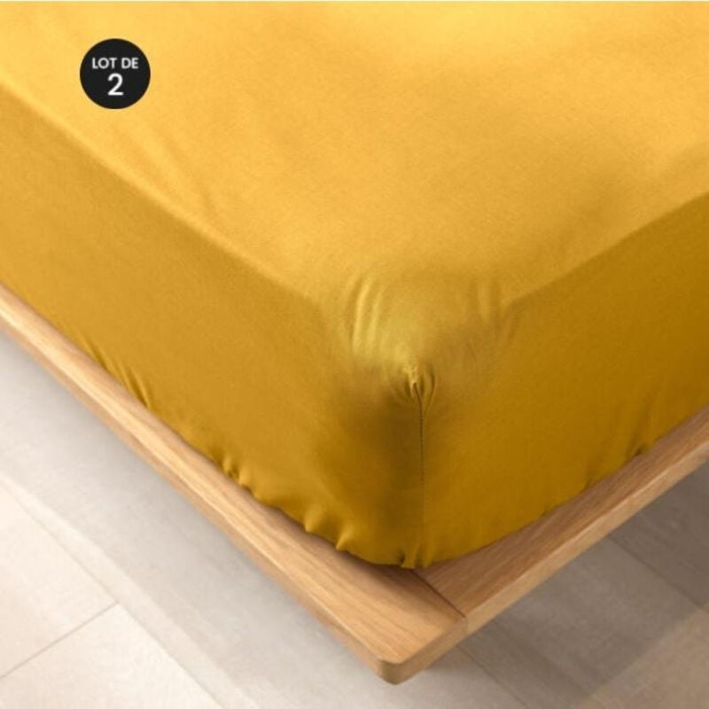 Douceur D'intérieur - Lot de 2 draps housse King size 180 x 200 cm en coton bio Biolina Jaune