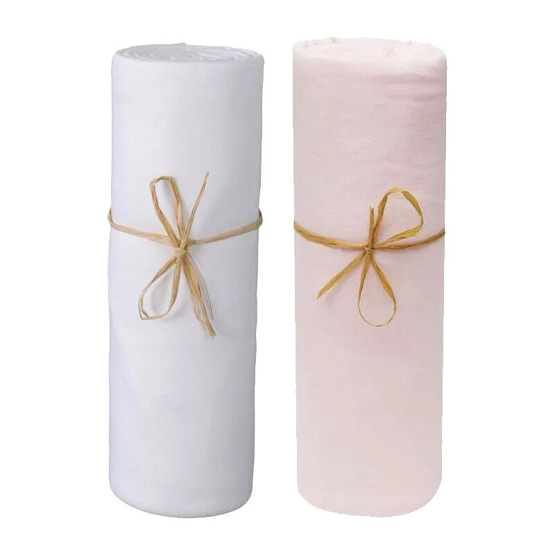 Lot de 2 Draps housse lit bébé 60 x 120 cm / 100% coton / 57 fils/cm² - 1 Blanc + 1 Rose Lot de 2 Draps housse lit bébé 60 x 120 cm / 100% coton / 57 fils/cm² - 1 Blanc + 1 Rose