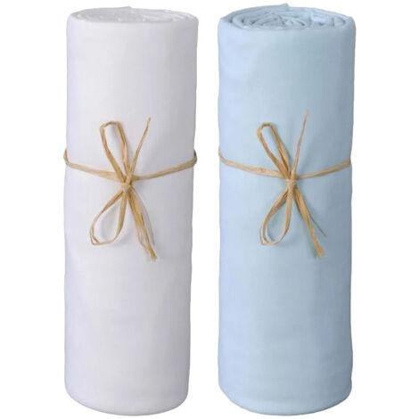 Lot de 2 draps housse lit bébé 60 x 120 cm – 100% coton – Tissage 57 fils/cm² – Lavable à 40° – 1 blanc + 1 ciel – Univers Decor