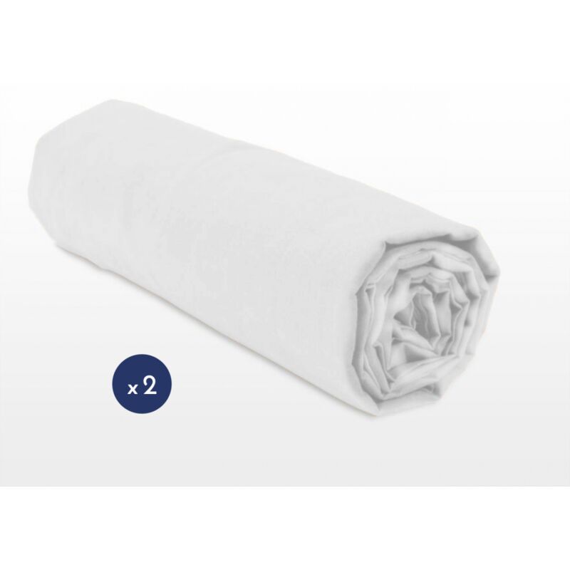 Home Linge Passion - Lot de 2 draps housse uni coton 57 fils blanc 140 x 190 cm bonnet 25 cm