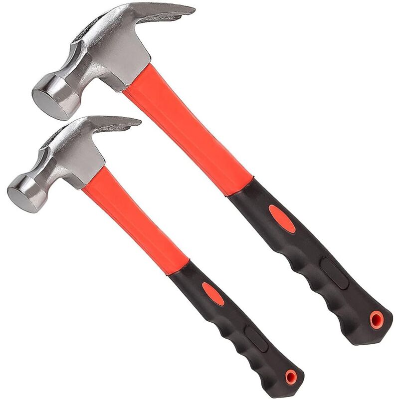 Lot de 2 Durable Marteau Charpentier Arrache-Clous, 8 oz / 16 oz Marteau Charpentier Multifonction Avec Manche en Fibre de Verre pour Clouage et