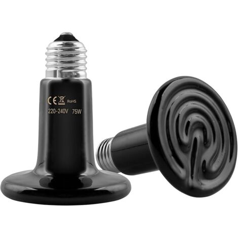 Lot de 2 E27 75W Céramique Lampe Chauffante Reptiles 220-240V, Ampoule Infrarouge Chauffante, Reptile Boîte Ampoules Plus Chaudes, pour Animal Lézard, Poussin, Serpent, Hamster