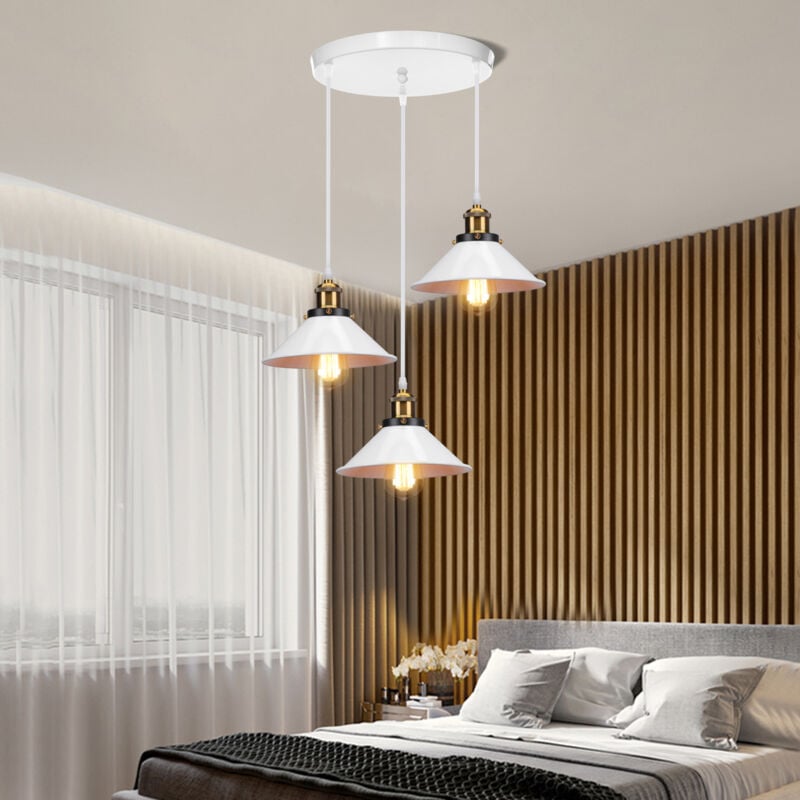 Rétro Lustre Suspension Industrielle E27 3 Lampes Plafonnier Luminaire Ajustable pour Salle à Manger Salon Blanc