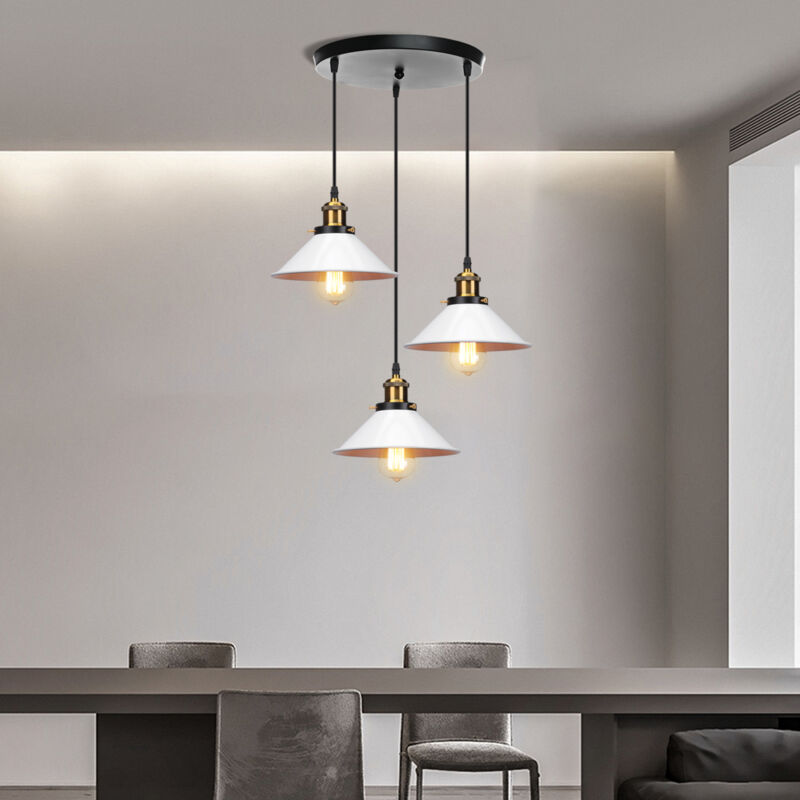 Rétro Lustre Suspension Industrielle E27 3 Lampes Plafonnier Luminaire Ajustable pour Salle à Manger Salon Blanc et Noir