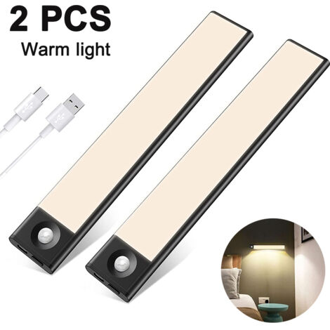 Lot de 2 éclairages sous-meubles avec capteur de mouvement et batterie rechargeable sans fil - Lampes LED magnétiques ultra fines pour cuisine, tiroir, escaliers, couloir