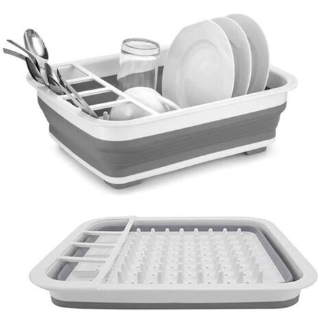 Lot de 2 égouttoirs extensibles pour vaisselle, pliables, coloris gris et blanc, gain de place cuisine