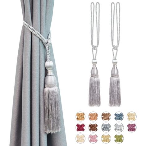 Lot de 2 embrasses de rideau en boule de maille avec pampilles et embrasses de rideau en corde tressée à la main drapé décoratif (gris argent)