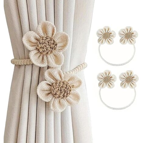 Lot de 2 embrasses de rideaux à fleurs, faites main, style bohème,pour la décoration de la maison ou du bureau, beige
