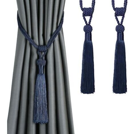 Lot de 2 embrasses de rideaux à longs pompons, faites à la main, en corde tressée, style européen, décoratives (bleu foncé)