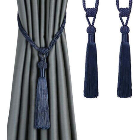 Lot de 2 embrasses de rideaux à longs pompons, faites à la main, en corde tressée, style européen, décoratives (bleu foncé)